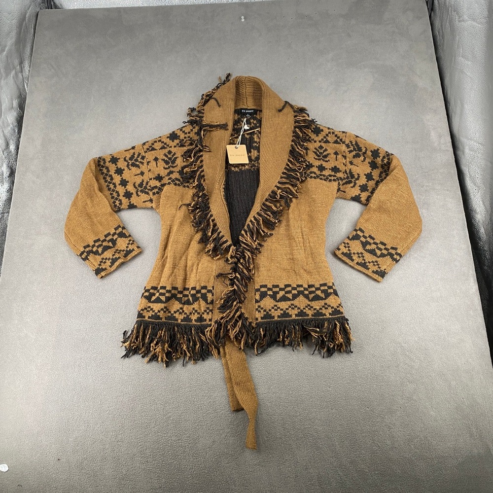 Blu Pepper Womens Brown Southwestern Fringe Belted Cardigan Sweater B2FJ1019 L